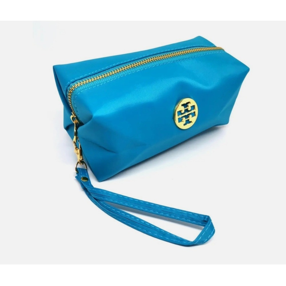 Tory Burch Cosmetic Bag Wristlet Women OS Blue Gold Logo Nylon Pouch